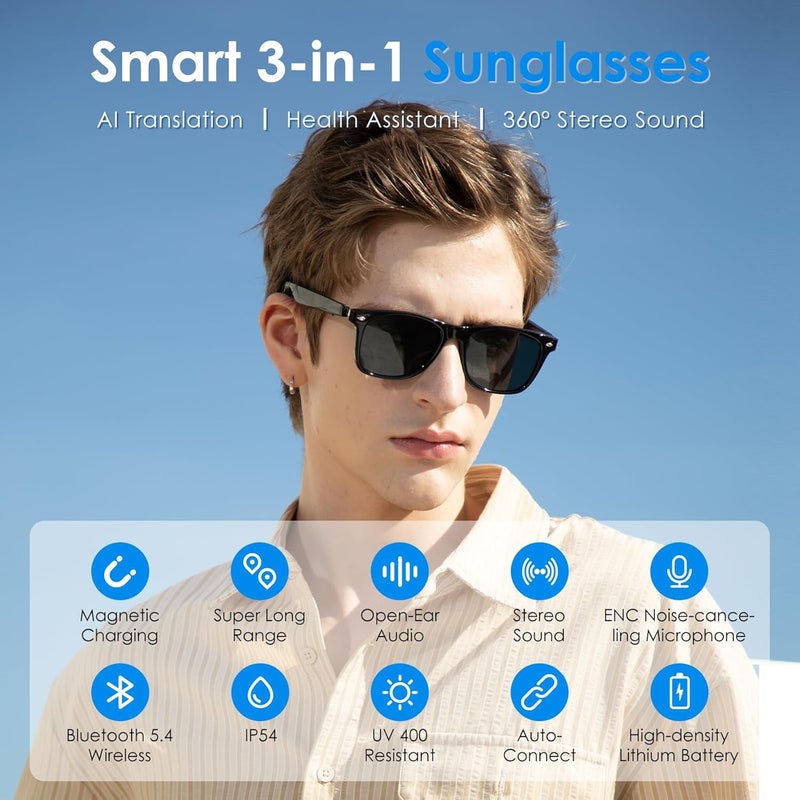 GetD AI Glasses for Men & Women, Smart Glasses Powered by ChatGPT, AI Real-time Translation with 107 languages, 11H Music Play, Bluetooth Sunglasses with Polarized Lens, UV Protection for Daily Use, Travel - Image 2